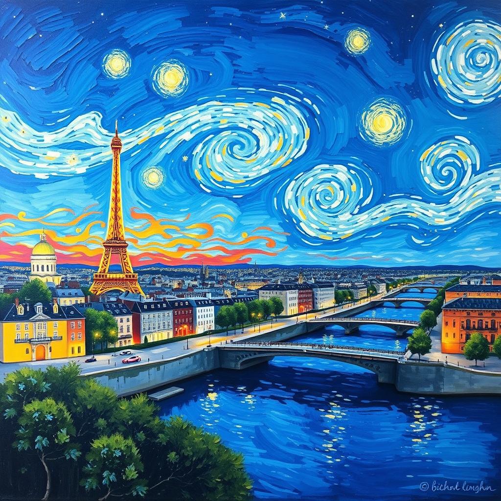 A panoramic painting in the style of Vincent van Gogh, depicting a vibrant scene of Paris with iconic landmarks like the Eiffel Tower and the Seine River, all set against a deep blue background