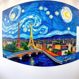 A panoramic painting in the style of Vincent van Gogh, depicting a vibrant scene of Paris with iconic landmarks like the Eiffel Tower and the Seine River, all set against a deep blue background