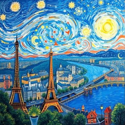 A panoramic painting in the style of Vincent van Gogh, depicting a vibrant scene of Paris with iconic landmarks like the Eiffel Tower and the Seine River, all set against a deep blue background