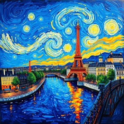 A panoramic painting in the style of Vincent van Gogh, depicting a vibrant scene of Paris with iconic landmarks like the Eiffel Tower and the Seine River, all set against a deep blue background