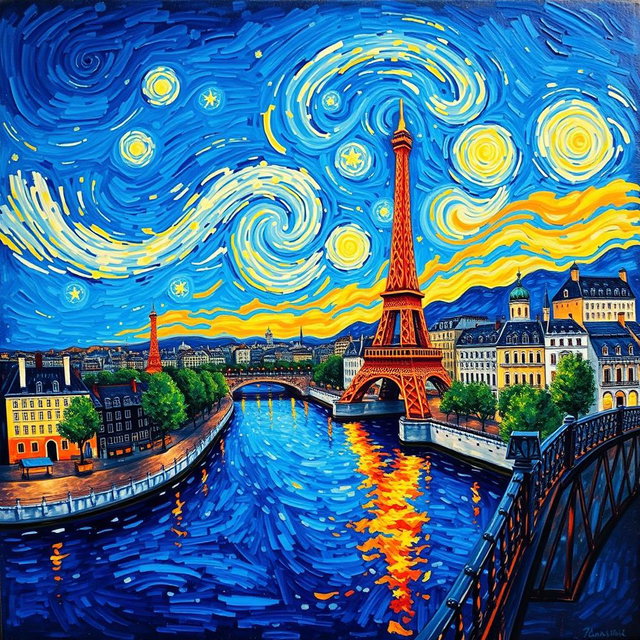 A panoramic painting in the style of Vincent van Gogh, depicting a vibrant scene of Paris with iconic landmarks like the Eiffel Tower and the Seine River, all set against a deep blue background