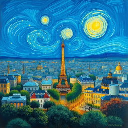 A stunning painting in the style of Vincent van Gogh, featuring a panoramic view of Paris under a deep blue background