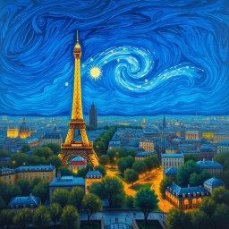 A stunning painting in the style of Vincent van Gogh, featuring a panoramic view of Paris under a deep blue background
