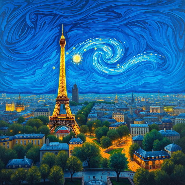A stunning painting in the style of Vincent van Gogh, featuring a panoramic view of Paris under a deep blue background