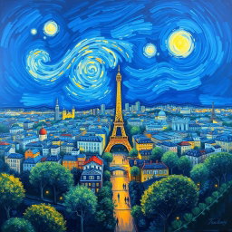 A stunning painting in the style of Vincent van Gogh, featuring a panoramic view of Paris under a deep blue background