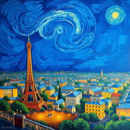 A stunning painting in the style of Vincent van Gogh, featuring a panoramic view of Paris under a deep blue background