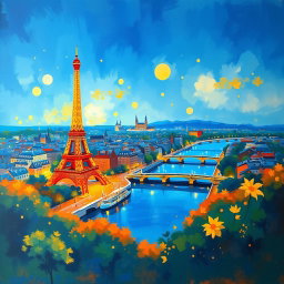 A vibrant, impressionist painting inspired by Monet, depicting a panoramic view of Paris