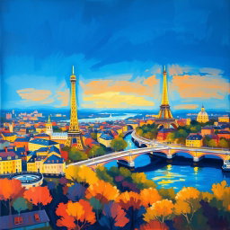 A vibrant, impressionist painting inspired by Monet, depicting a panoramic view of Paris