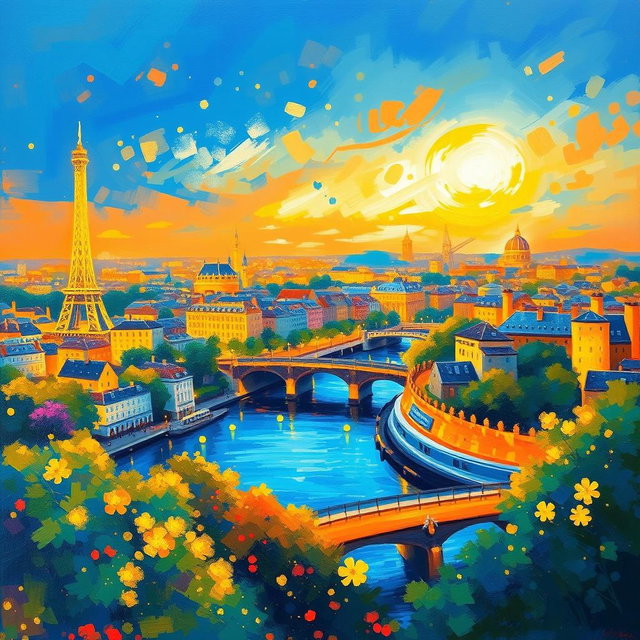 A vibrant, impressionist painting inspired by Monet, depicting a panoramic view of Paris