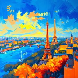 A vibrant, impressionist painting inspired by Monet, depicting a panoramic view of Paris