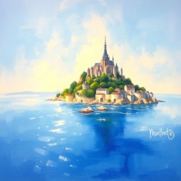 A beautiful landscape painting inspired by Claude Monet, featuring the iconic Mont Saint Michel in a panoramic view