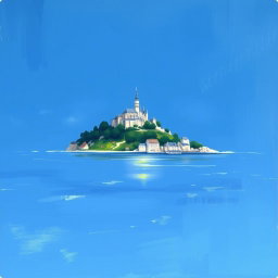 A beautiful landscape painting inspired by Claude Monet, featuring the iconic Mont Saint Michel in a panoramic view
