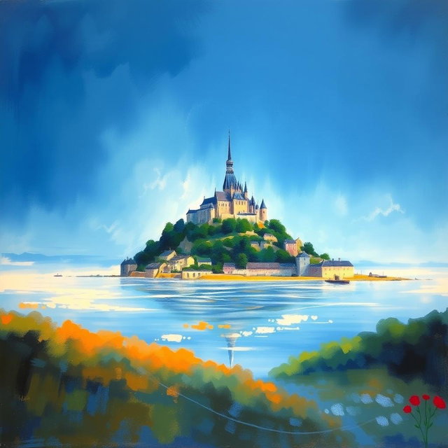 A beautiful landscape painting inspired by Claude Monet, featuring the iconic Mont Saint Michel in a panoramic view
