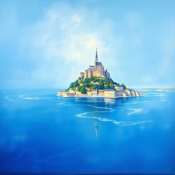 A beautiful landscape painting inspired by Claude Monet, featuring the iconic Mont Saint Michel in a panoramic view