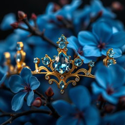 A close-up hyperrealistic image of a golden tiara adorned with vibrant sky-blue aquamarine gemstones, centered against a backdrop of lush, vivid blue flowers in sharp focus