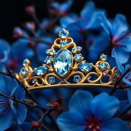A close-up hyperrealistic image of a golden tiara adorned with vibrant sky-blue aquamarine gemstones, centered against a backdrop of lush, vivid blue flowers in sharp focus