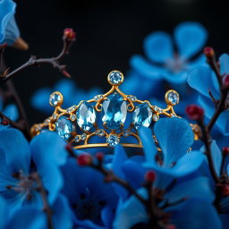 A close-up hyperrealistic image of a golden tiara adorned with vibrant sky-blue aquamarine gemstones, centered against a backdrop of lush, vivid blue flowers in sharp focus