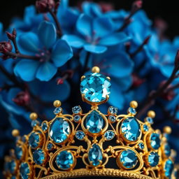 A close-up hyperrealistic image of a golden tiara adorned with vibrant sky-blue aquamarine gemstones, centered against a backdrop of lush, vivid blue flowers in sharp focus