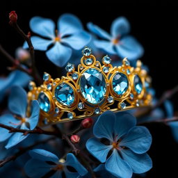 A golden tiara adorned with vibrant sky-blue aquamarine gemstones, centered against a backdrop of lush, vivid blue flowers