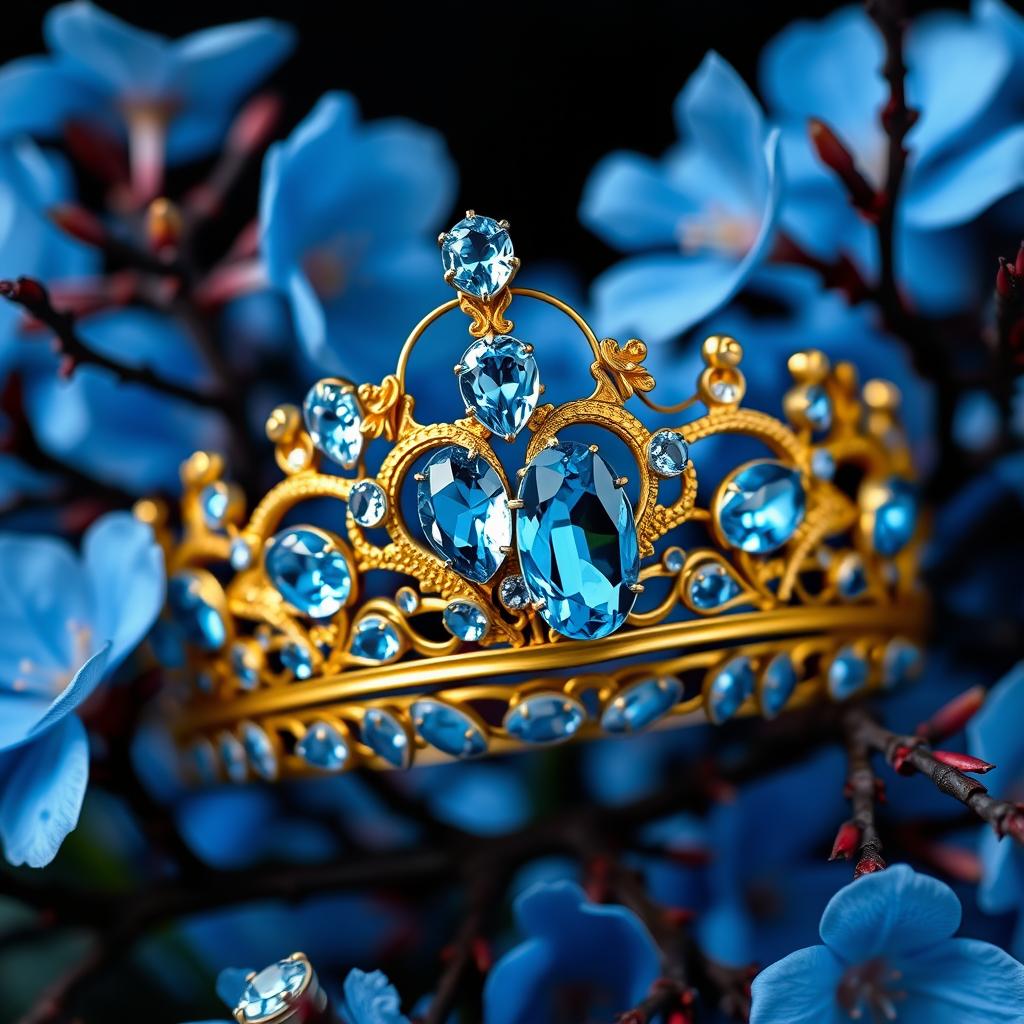 A golden tiara adorned with vibrant sky-blue aquamarine gemstones, centered against a backdrop of lush, vivid blue flowers
