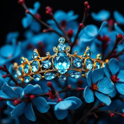 A golden tiara adorned with vibrant sky-blue aquamarine gemstones, centered against a backdrop of lush, vivid blue flowers