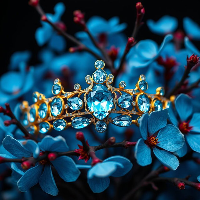 A golden tiara adorned with vibrant sky-blue aquamarine gemstones, centered against a backdrop of lush, vivid blue flowers