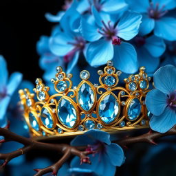 A golden tiara adorned with vibrant sky-blue aquamarine gemstones, centered against a backdrop of lush, vivid blue flowers