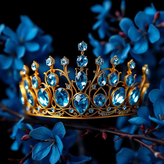 A breathtaking golden tiara adorned with vibrant sky-blue aquamarine gemstones, centered in a composition against a backdrop of lush, vivid blue flowers