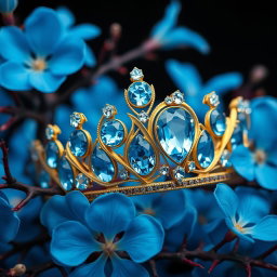 A breathtaking golden tiara adorned with vibrant sky-blue aquamarine gemstones, centered in a composition against a backdrop of lush, vivid blue flowers