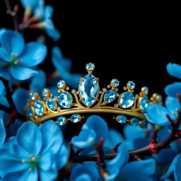 A breathtaking golden tiara adorned with vibrant sky-blue aquamarine gemstones, centered in a composition against a backdrop of lush, vivid blue flowers