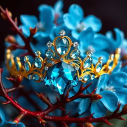 A breathtaking golden tiara adorned with vibrant sky-blue aquamarine gemstones, centered in a composition against a backdrop of lush, vivid blue flowers