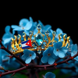 A hyperrealistic close-up image of a golden tiara adorned with the Cuban flag and vibrant sky-blue aquamarine gemstones, set against a backdrop of lush, vibrant blue flowers
