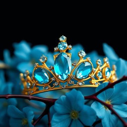 A hyperrealistic close-up image of a golden tiara adorned with the Cuban flag and vibrant sky-blue aquamarine gemstones, set against a backdrop of lush, vibrant blue flowers
