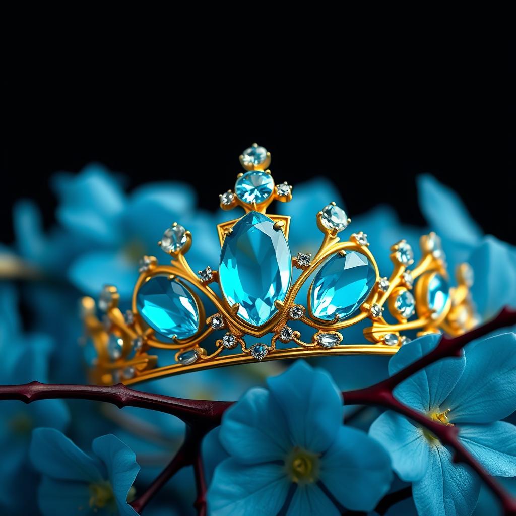 A hyperrealistic close-up image of a golden tiara adorned with the Cuban flag and vibrant sky-blue aquamarine gemstones, set against a backdrop of lush, vibrant blue flowers