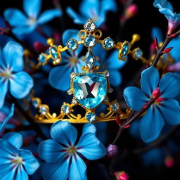 A hyperrealistic close-up image of a golden tiara adorned with the Cuban flag and vibrant sky-blue aquamarine gemstones, set against a backdrop of lush, vibrant blue flowers