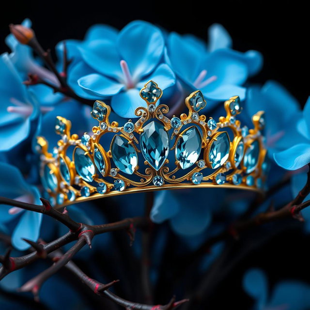 A hyperrealistic close-up image of a golden tiara adorned with the Cuban flag and vibrant sky-blue aquamarine gemstones, set against a backdrop of lush, vibrant blue flowers