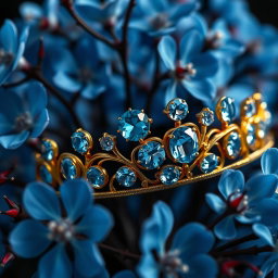 A golden tiara adorned with vibrant sky-blue aquamarine gemstones, centered against a backdrop of lush, vivid blue flowers in sharp focus, showcasing their delicate petals and intricate details