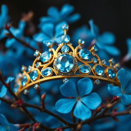 A golden tiara adorned with vibrant sky-blue aquamarine gemstones, centered against a backdrop of lush, vivid blue flowers in sharp focus, showcasing their delicate petals and intricate details