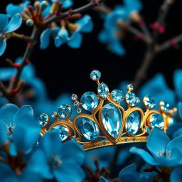 A golden tiara adorned with vibrant sky-blue aquamarine gemstones, centered against a backdrop of lush, vivid blue flowers in sharp focus, showcasing their delicate petals and intricate details