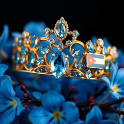 A golden tiara adorned with vibrant sky-blue aquamarine gemstones, centered against a backdrop of lush, vivid blue flowers in sharp focus, showcasing their delicate petals and intricate details