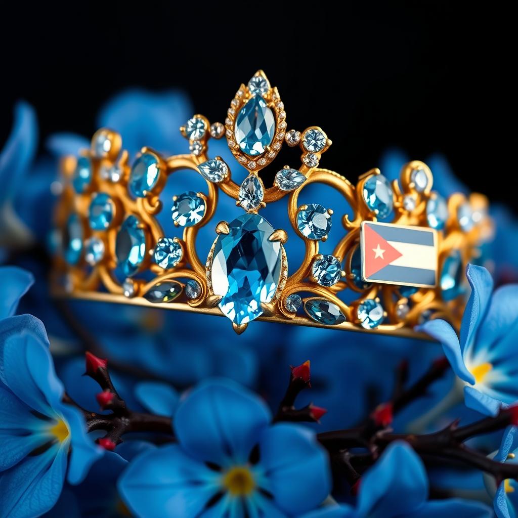 A golden tiara adorned with vibrant sky-blue aquamarine gemstones, centered against a backdrop of lush, vivid blue flowers in sharp focus, showcasing their delicate petals and intricate details