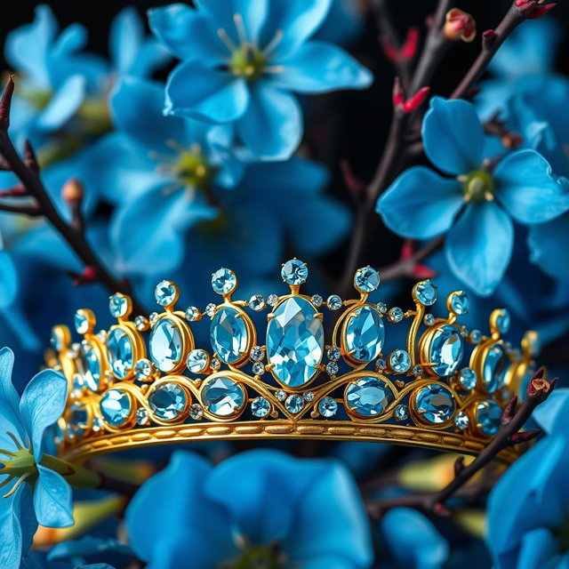 A golden tiara adorned with vibrant sky-blue aquamarine gemstones, centered against a backdrop of lush, vivid blue flowers in sharp focus, showcasing their delicate petals and intricate details