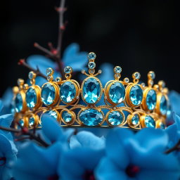A golden tiara adorned with vibrant sky-blue aquamarine gemstones, centered against a backdrop of lush, vivid blue flowers in sharp focus, showcasing their delicate petals and intricate details