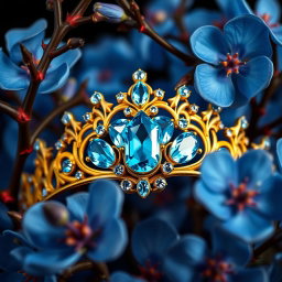 A golden tiara adorned with vibrant sky-blue aquamarine gemstones, centered against a backdrop of lush, vivid blue flowers in sharp focus, showcasing their delicate petals and intricate details