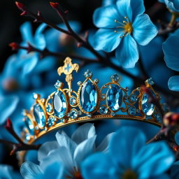 A golden tiara adorned with vibrant sky-blue aquamarine gemstones, centered against a backdrop of lush, vivid blue flowers in sharp focus, showcasing their delicate petals and intricate details