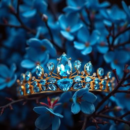 A golden tiara adorned with vibrant sky-blue aquamarine gemstones, centered against a backdrop of lush, vivid blue flowers in sharp focus, showcasing their delicate petals and intricate details