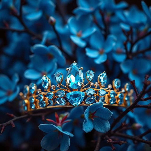 A golden tiara adorned with vibrant sky-blue aquamarine gemstones, centered against a backdrop of lush, vivid blue flowers in sharp focus, showcasing their delicate petals and intricate details