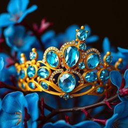 A golden tiara adorned with vibrant sky-blue aquamarine gemstones, centered against a backdrop of lush, vivid blue flowers in sharp focus, showcasing their delicate petals and intricate details