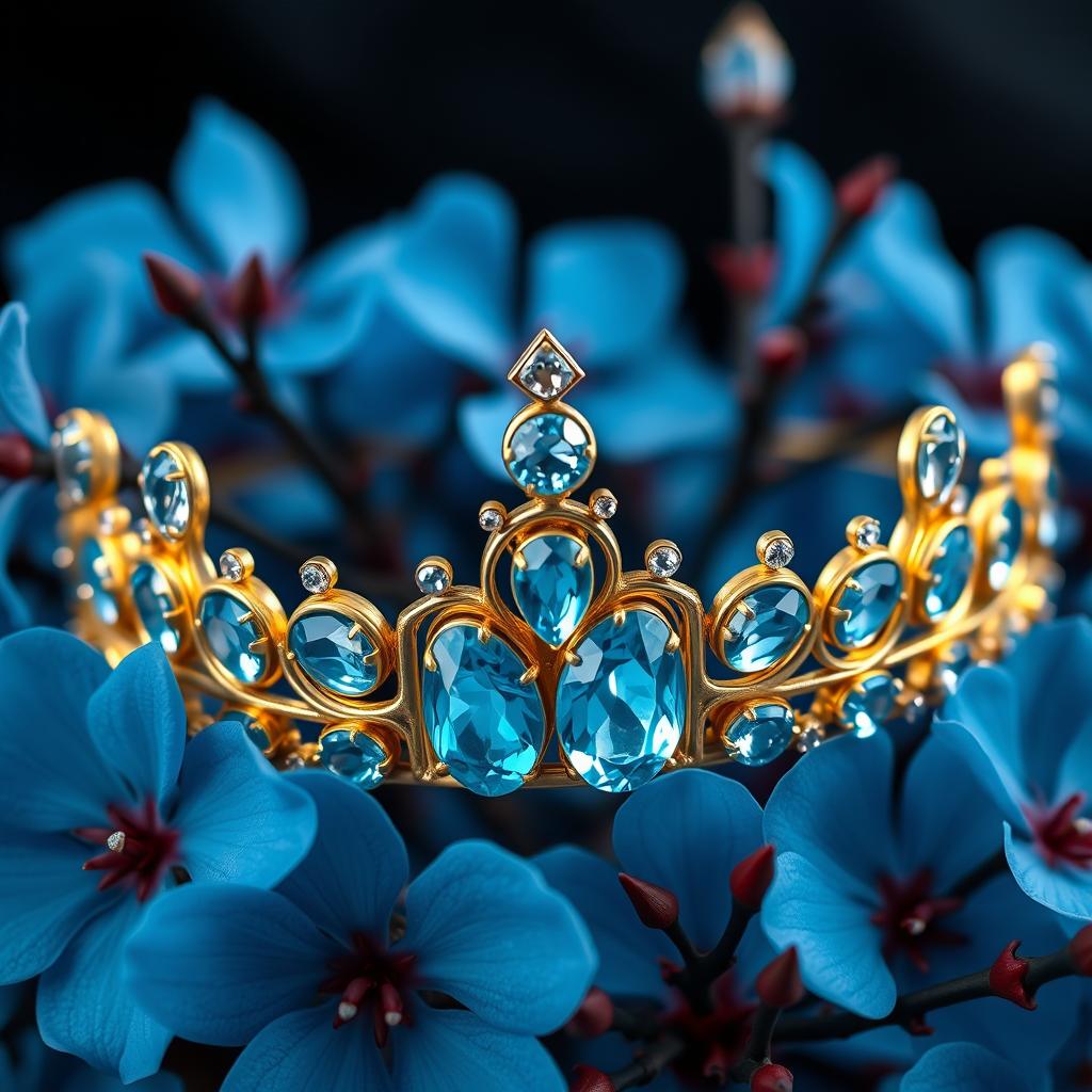 A golden tiara adorned with vibrant sky-blue aquamarine gemstones, centered against a backdrop of lush, vivid blue flowers in sharp focus, showcasing their delicate petals and intricate details