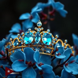 A golden tiara adorned with vibrant sky-blue aquamarine gemstones, centered against a backdrop of lush, vivid blue flowers in sharp focus, showcasing their delicate petals and intricate details